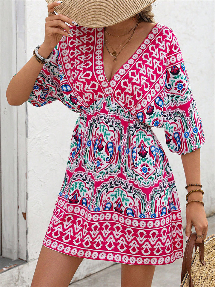 Women's Boho Holiday Style Print V Neck Mini Dress