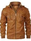 Winter Faux Leather Rhombic Pattern Zip Up Motorcycle Bomber Jacket with Hood
