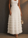 Womens High Waisted Tiered Tulle Layered Mesh Ruffle Maxi Skirts