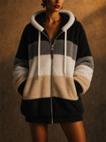 Women Oversized Color Block Fuzzy Sherpa Fleece Zip Hoodie