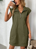 Women's Summer Solid Color Pockets Lapel Zip Above Knee Length Dress