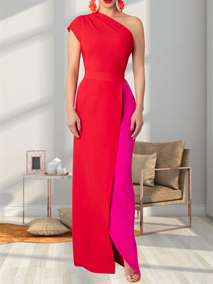 Women's Contrast Color One-Shoulder Floor Length Dress