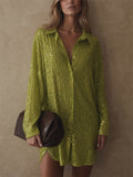Women Lapel Sequin Long Sleeve Sparkly Blouses