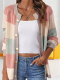 Women's Contrast Color Button Up Round Neck Cardigan Sweater
