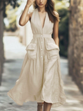 Women's Solid Color Holiday Style Sleeveless Pockets V Neck Dress