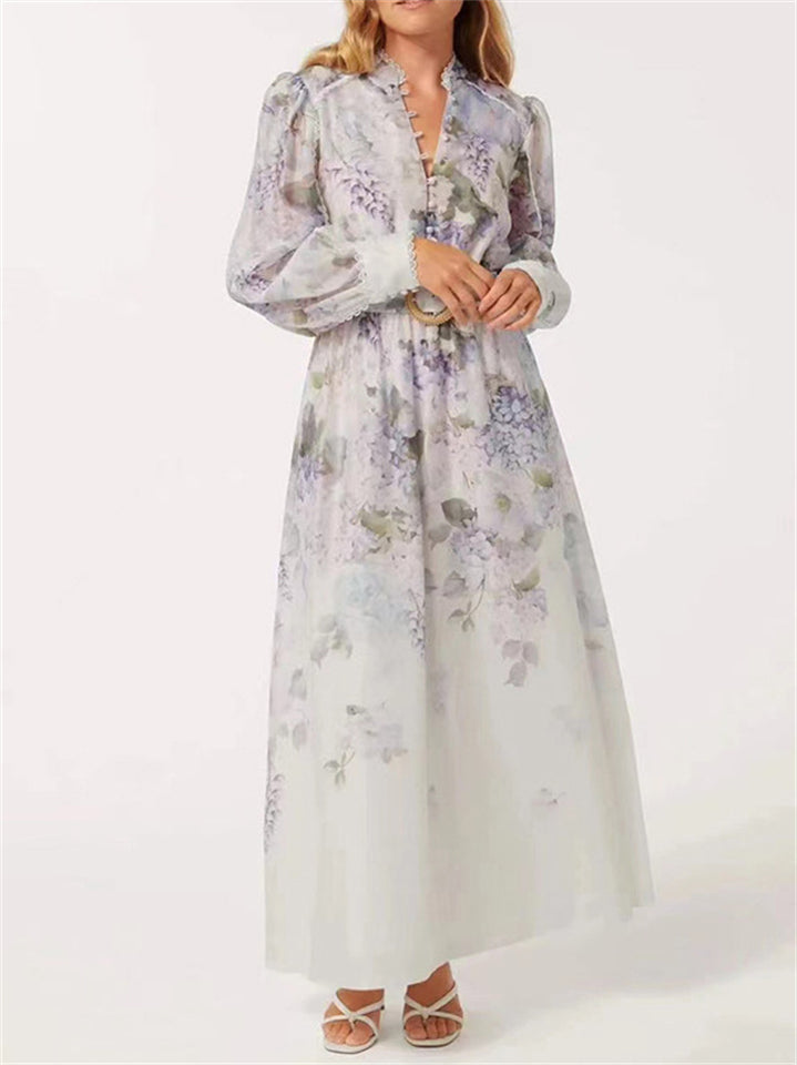 French Style Purple Elegant Floral Print Long Sleeve Button Maxi Dress for Women