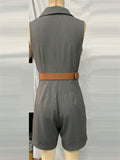 Women's Trendy Gray Solid Color V Neck Lapel Jumpsuits