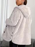 Women's Winter Solid Color Pit Stripe  Button Up Hooded Fleece Coats