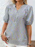Women's Summer Striped V Neck Bishop Sleeve Shirts