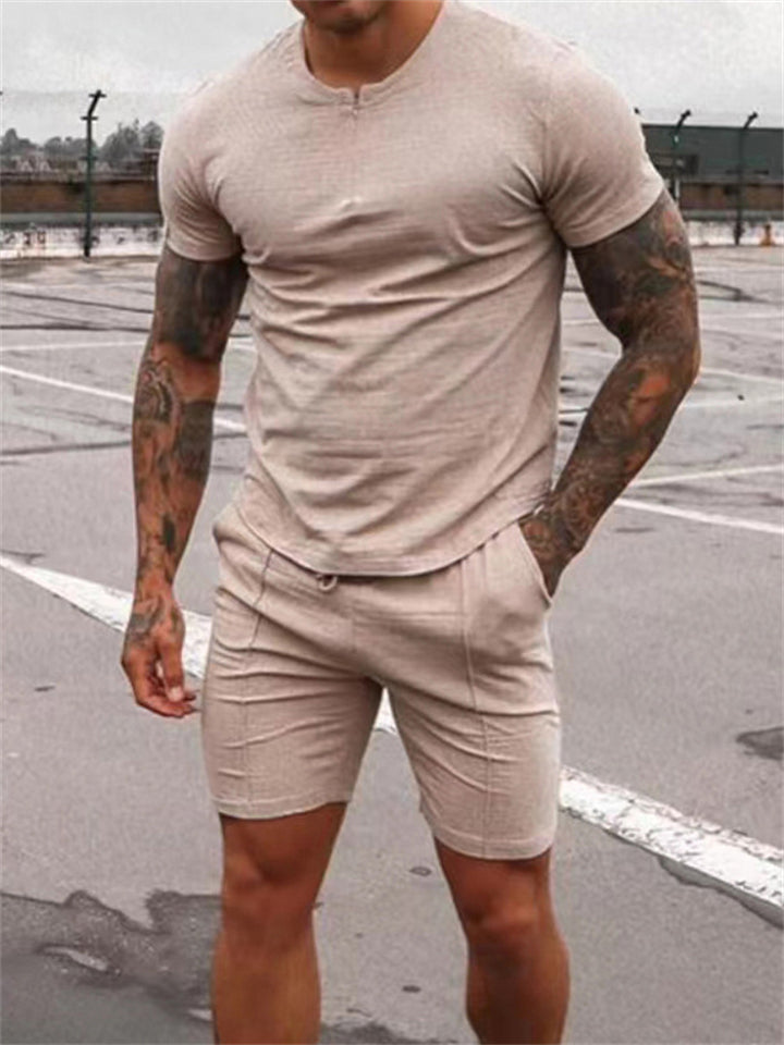 Simple Cozy Solid Color T-shirt+Shorts Male Two-piece Outfits