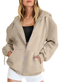 Ladies Pure Color Zip Up Streetwear Flowy Hoodies