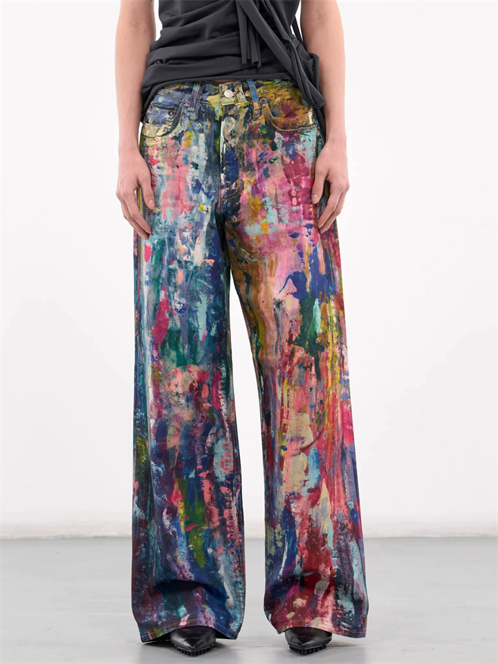 Women's Stylish Streetwear Colorful Painting Print Wide-Leg Denim Pants
