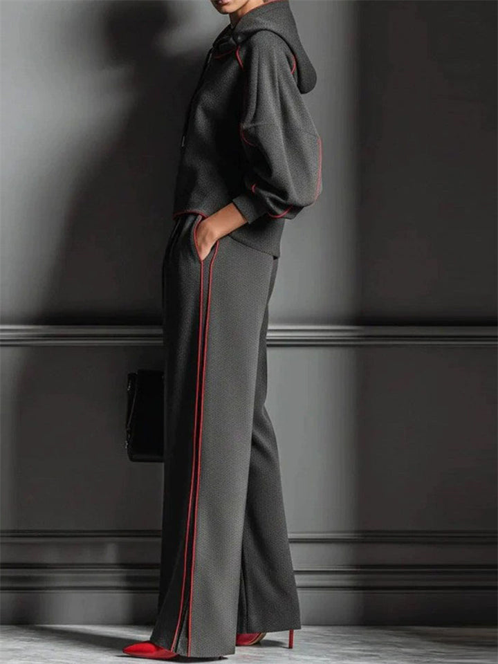 W‌omen's Sporty Tracksuit Red Trim‌ Hoodie and Wide Leg Pants Set