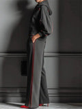 W‌omen's Sporty Tracksuit Red Trim‌ Hoodie and Wide Leg Pants Set