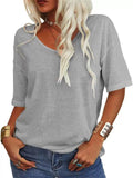 Women's Casual Simple Candy Color V Neck Short Sleeve Shirts