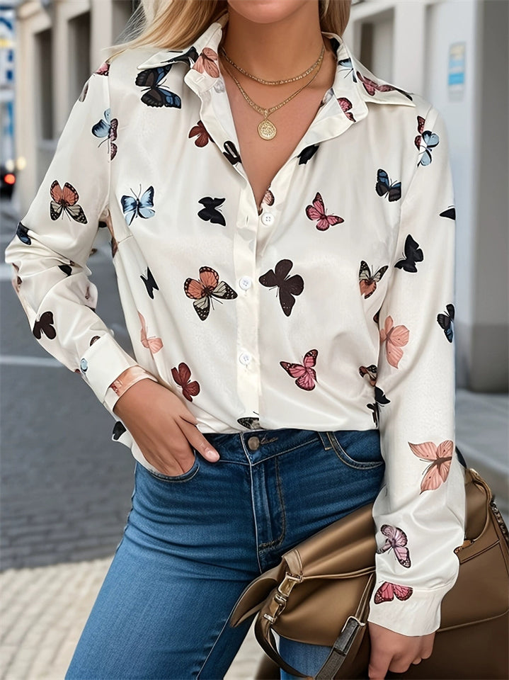 Women's Retro Butterfly Print Lapel Long Sleeve Blouses