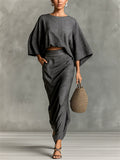 Women's Boho Casual Wear 2 Piece Set Bell Sleeve Crop Top and Draped Skirt Set