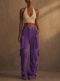 Women's Y2K Purple Velvet Multi Pocket Wide Leg Cargo Pants