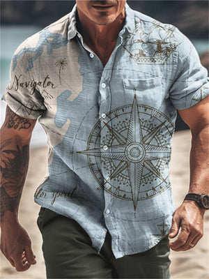 Men's Vintage Nautical Compass Print Lapel Beach Shirt