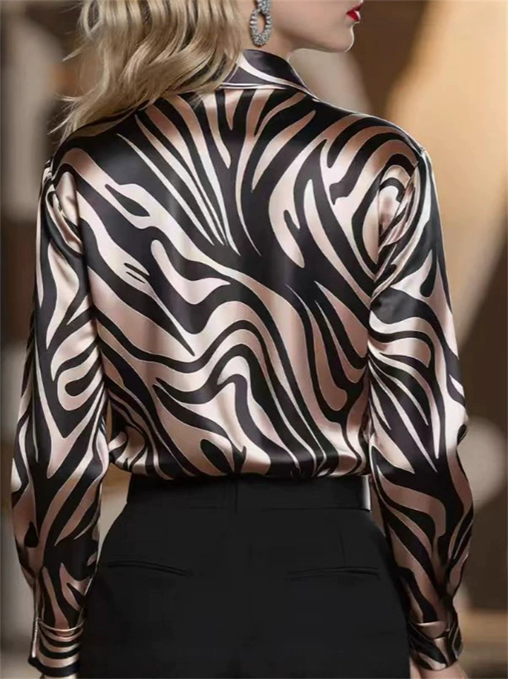 Women's Elegant Zebra Pattern Satin Long Sleeve Lapel Blouses