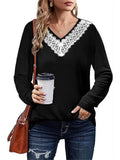 Women's Elegant White Lace V Neck  Solid Color Long Sleeve Shirt