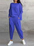 Women's 2Pcs Solid Color Sabrina Neck  Long Sleeve Top & Pockets Pants Set
