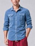 Men Corduroy Long Sleeve Button Down Double Pocket Casual Shirt