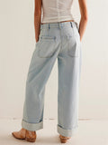 Female Loose Washed Button Trim Jeans with Pockets