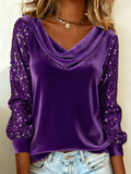 Women's Vintage Velvet Long Sleeve Cowl Collar‌ Blouses with Sequin Sleeves