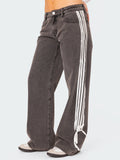 Women's Retro Mid Waist Side Stripe Straight Denim Pants