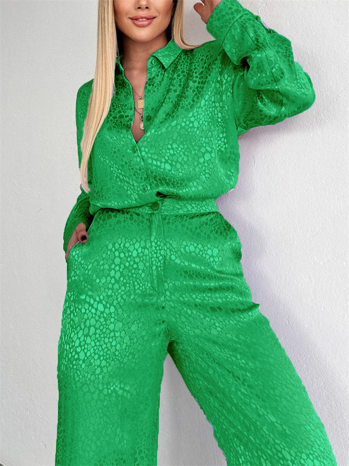 Comfy Long Sleeve Cheetah Print Lapel Shirt and Wide Leg Pant Set