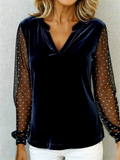 Velvet V Neck Mesh Polka Dot Sheer Lantern Sleeve Blouses for Women