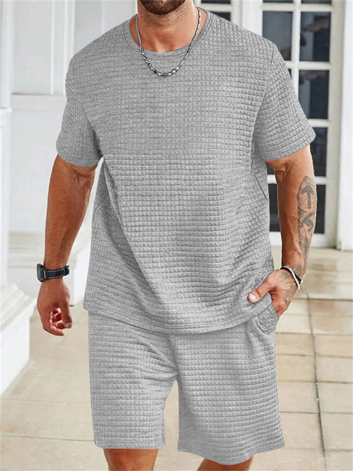 Men's Plaid O-Neck Short Sleeve Top and Drawstring Pants Set