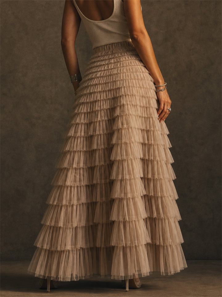 Womens High Waisted Tiered Tulle Layered Mesh Ruffle Maxi Skirts