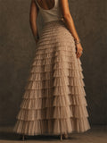 Womens High Waisted Tiered Tulle Layered Mesh Ruffle Maxi Skirts