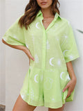Women's 2pcs Casual Simple Print Button Up Short Sleeve Top & Pants Set