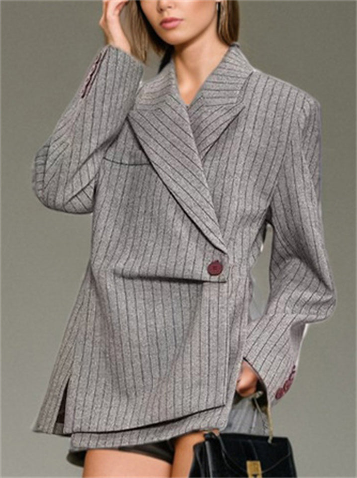 Women's Gray Long Sleeve Stripe Asymmetric Hem Suit Blazer