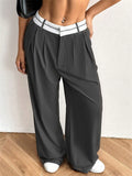 Casual Loose Fit Patchwork Wide Leg Suit Pants for Women