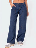 Women's Retro Solid Color Mid-Rise Cargo Straight Denim Pants
