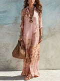 Womens Elegant Baroque Print Maxi Button Down Shirt Dress