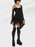 Irregular Hem Hollow Shoulder Long Sleeve Gothic Mini Dress for Women