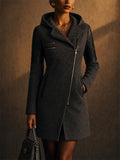 Women Quilted Sleeve Hooded Moto Coat with Asymmetric Zip