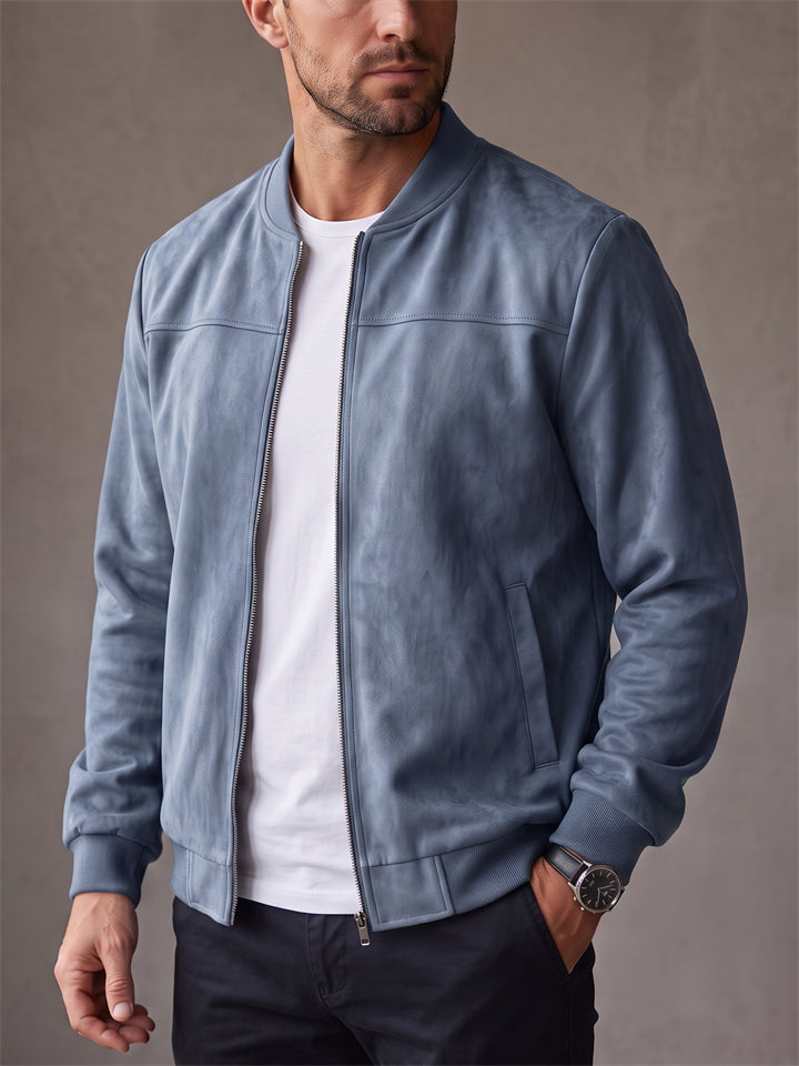Men Faux Suede Bomber Jacket Zip Up Casual Lightweight Coat