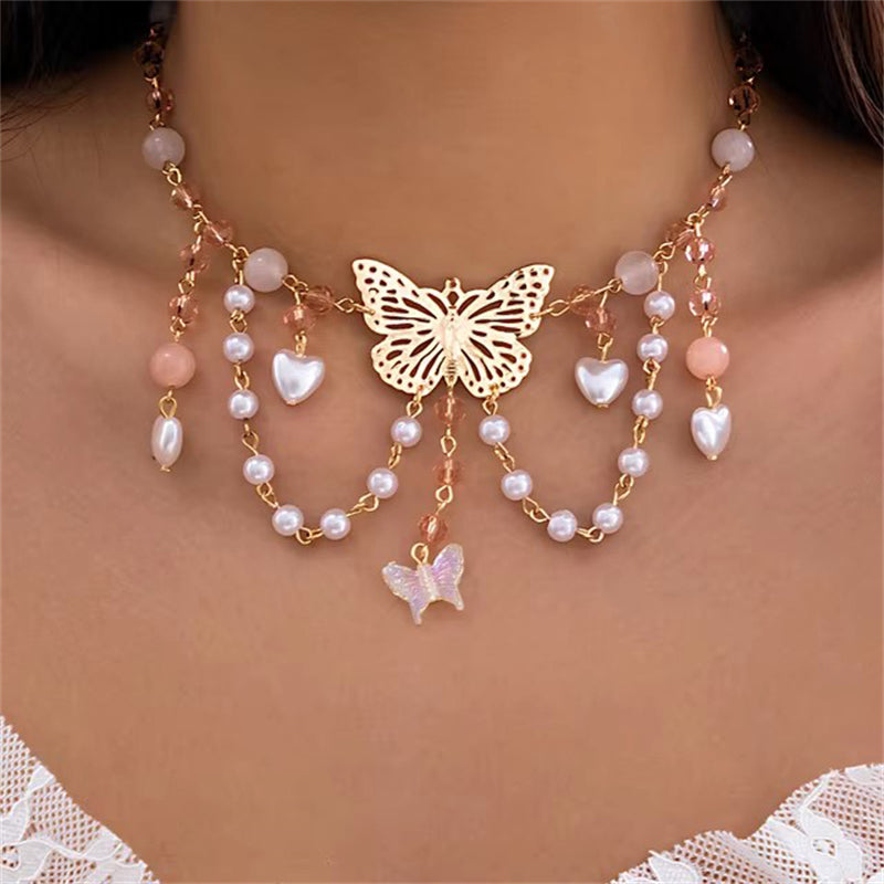 Romantic Butterfly Love Heart Pearl Pendant Necklace for Women