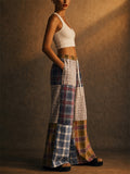 Women Drawstring Color Block Boho Plaid Patchwork Wide Leg Pants