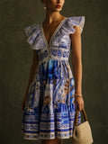 Women Mediterranean Print Backless Bow Ruffle Mini Dress