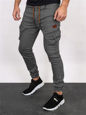 Men's Solid Close-fitting Ankle-tied Cargo Trousers