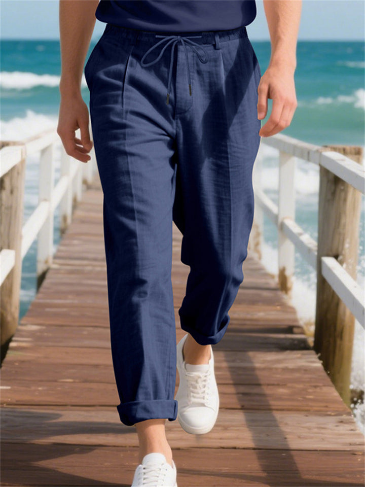 Men's Casual Linen Solid Color Drawstring Straight Trousers
