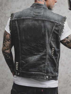 Punk Lapel Sleeveless Black Denim Jacket for Men