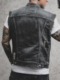 Punk Lapel Sleeveless Black Denim Jacket for Men
